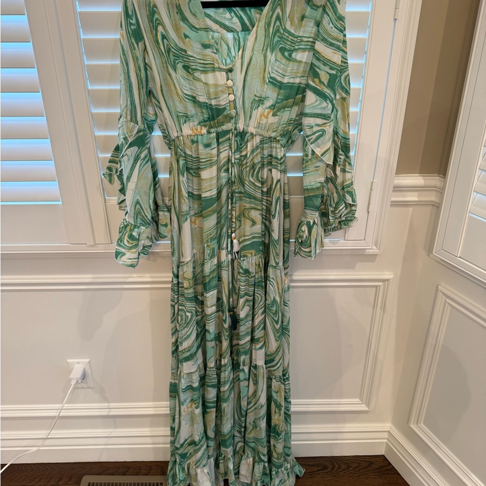 Green and White Swirl Maxi Dress
